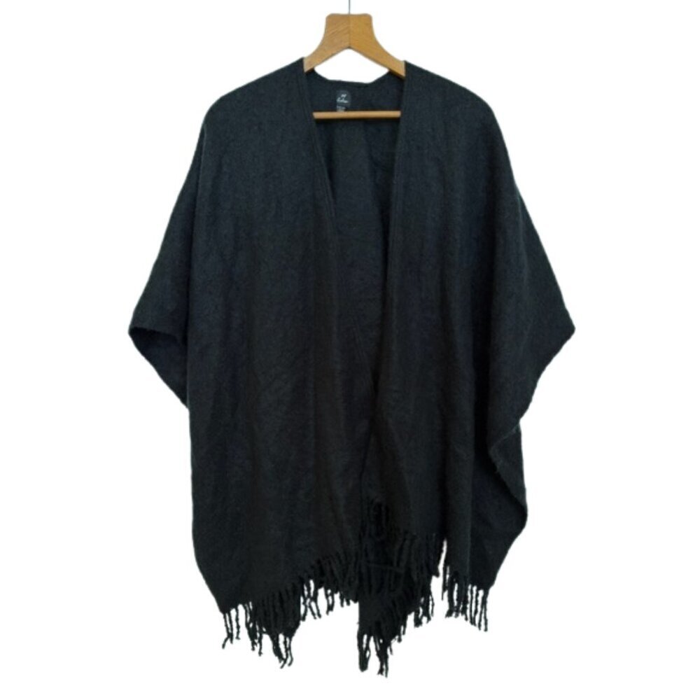 Poncho Shawl Wrap Cape Fringe Boucle Open Front Ruana Echo New York Black NWT